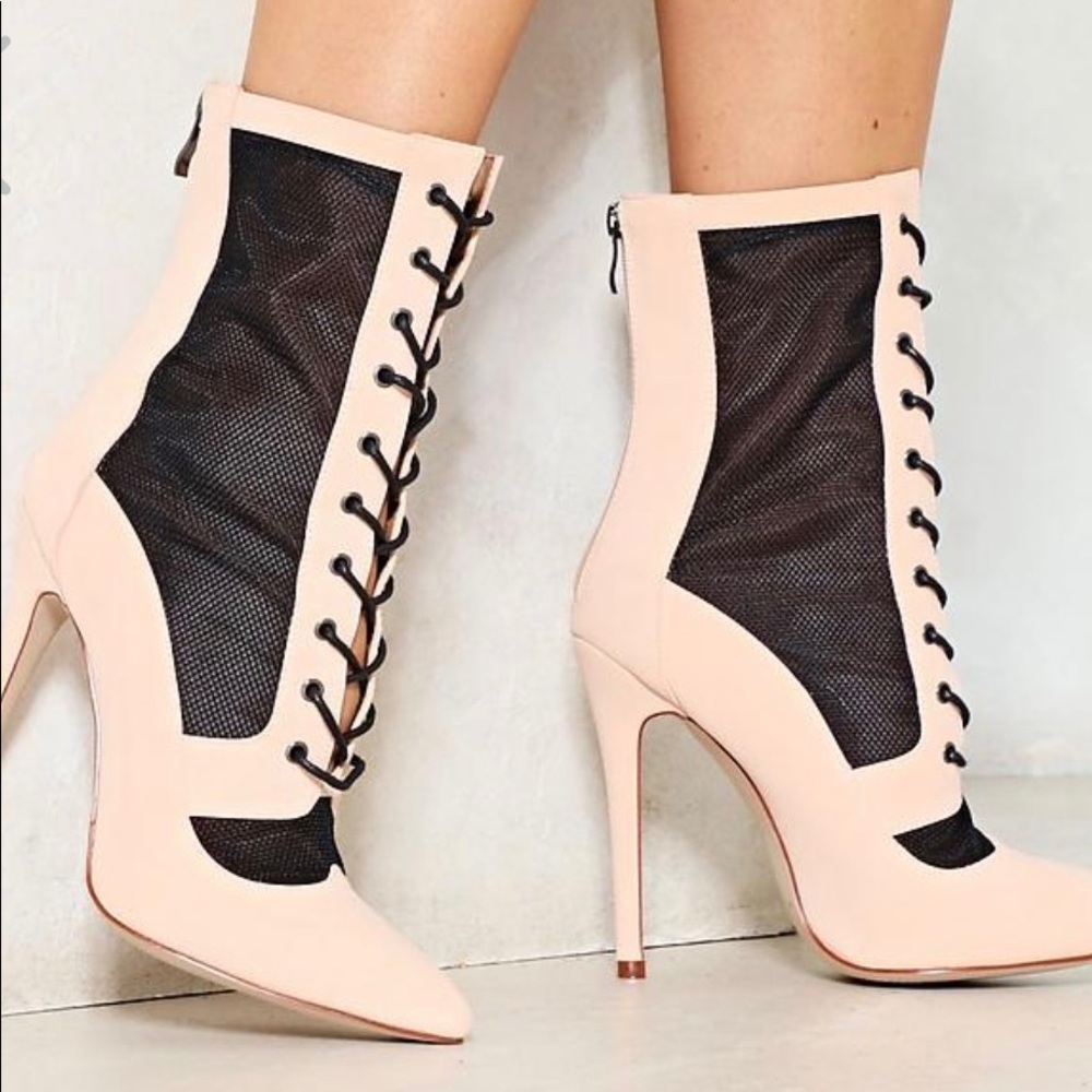 Nude and Black Lace Up Ankle Boot